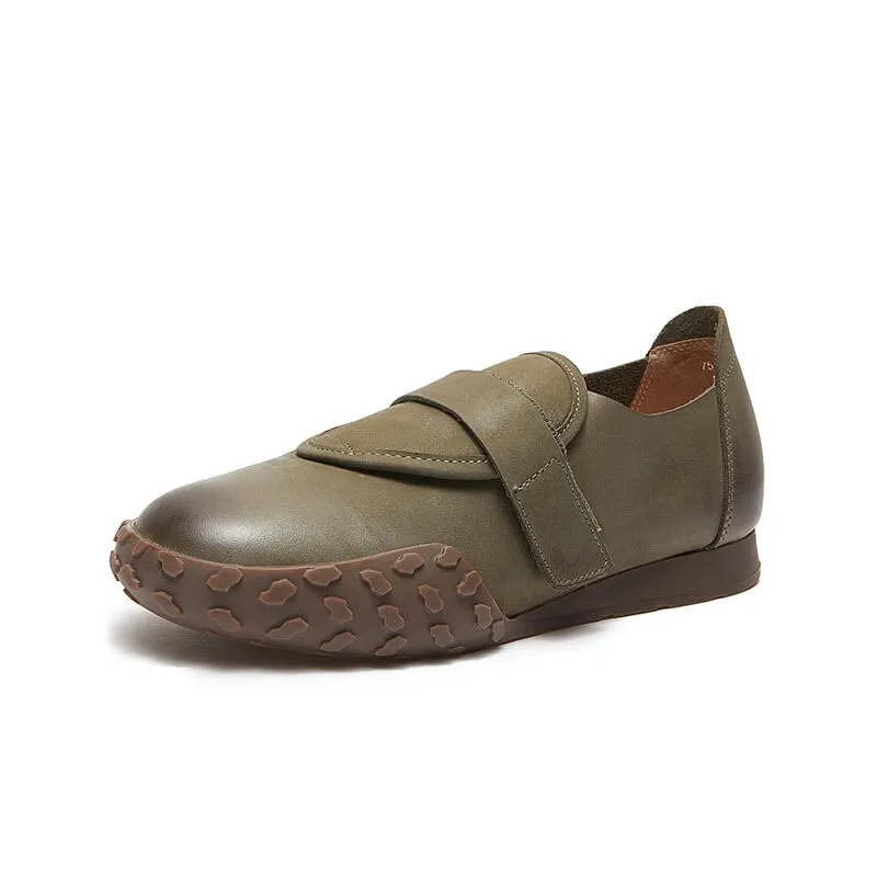 Women's Casual Slip On Loafers Shoes Touch-strap Flats in Green/Coffee