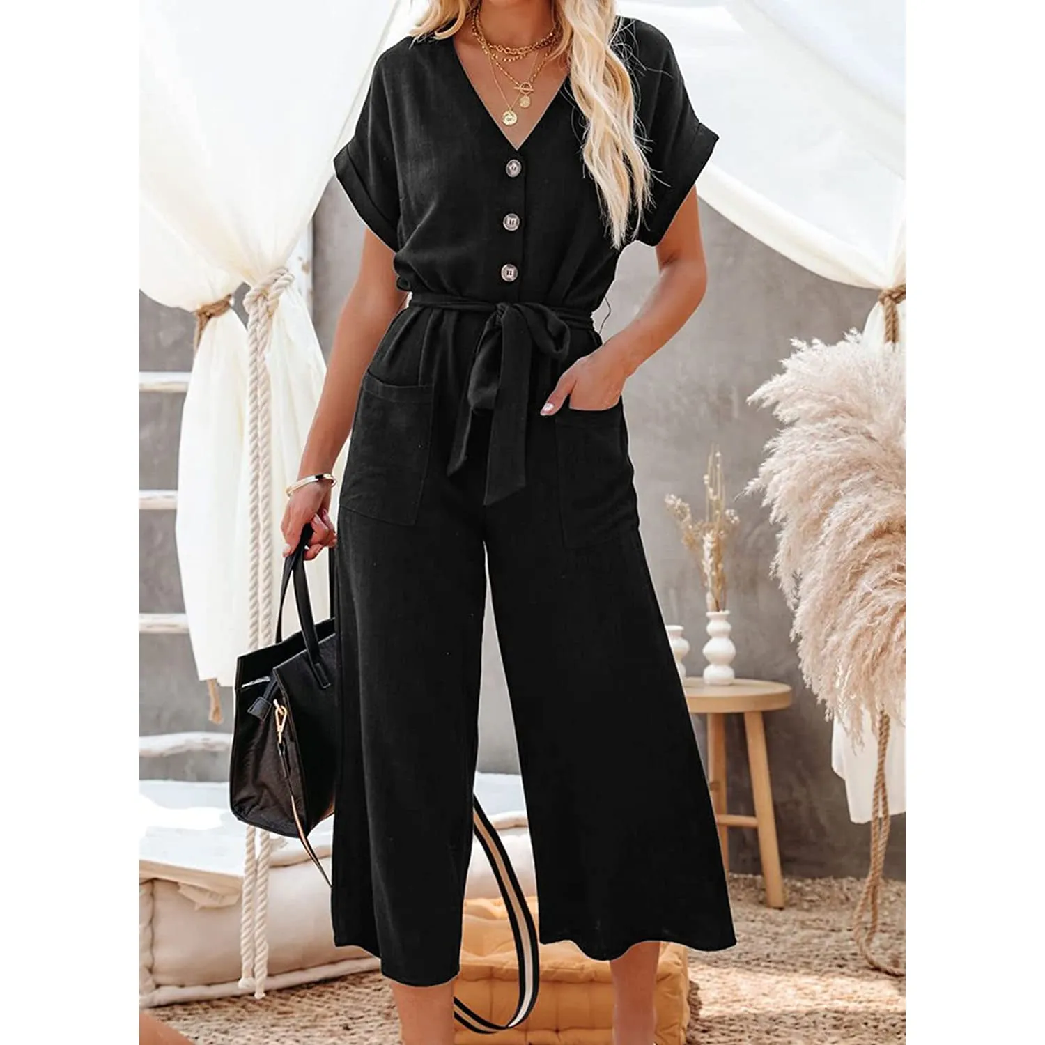 Women's Short Sleeve V Neck Button Belt Wide Leg Jumpsuit