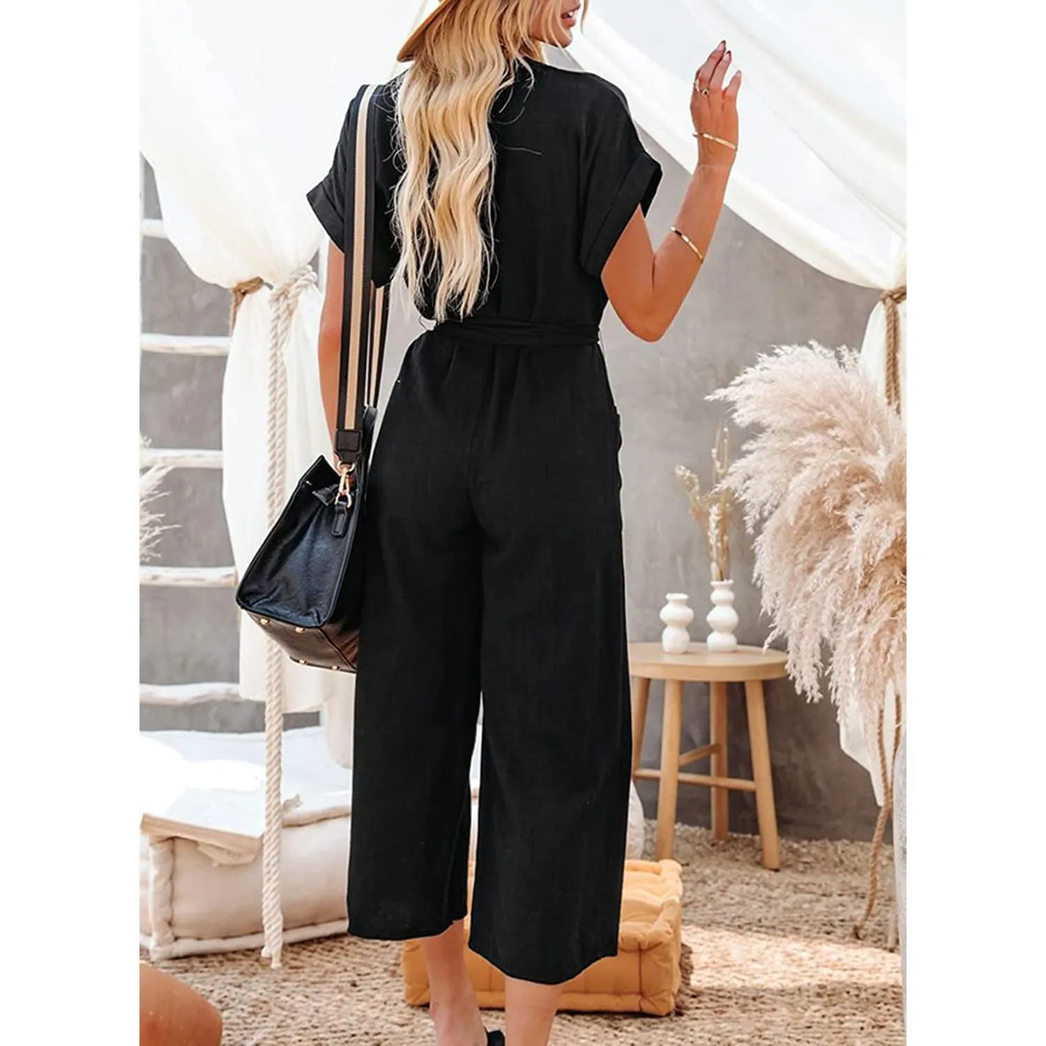 Women's Short Sleeve V Neck Button Belt Wide Leg Jumpsuit