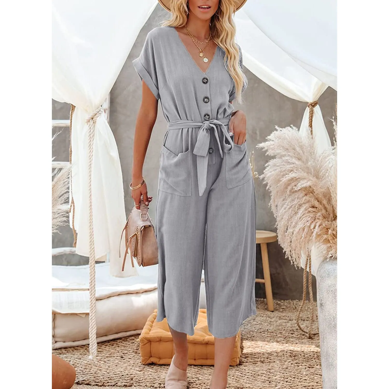 Women's Short Sleeve V Neck Button Belt Wide Leg Jumpsuit