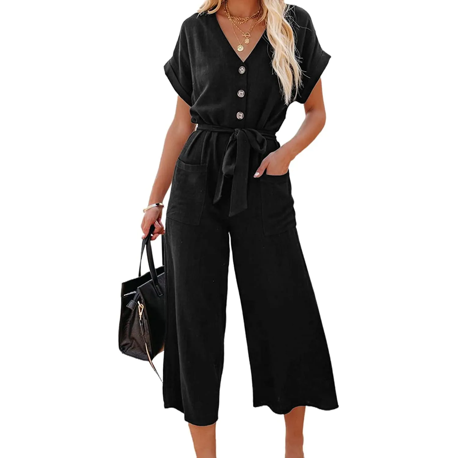 Women's Short Sleeve V Neck Button Belt Wide Leg Jumpsuit