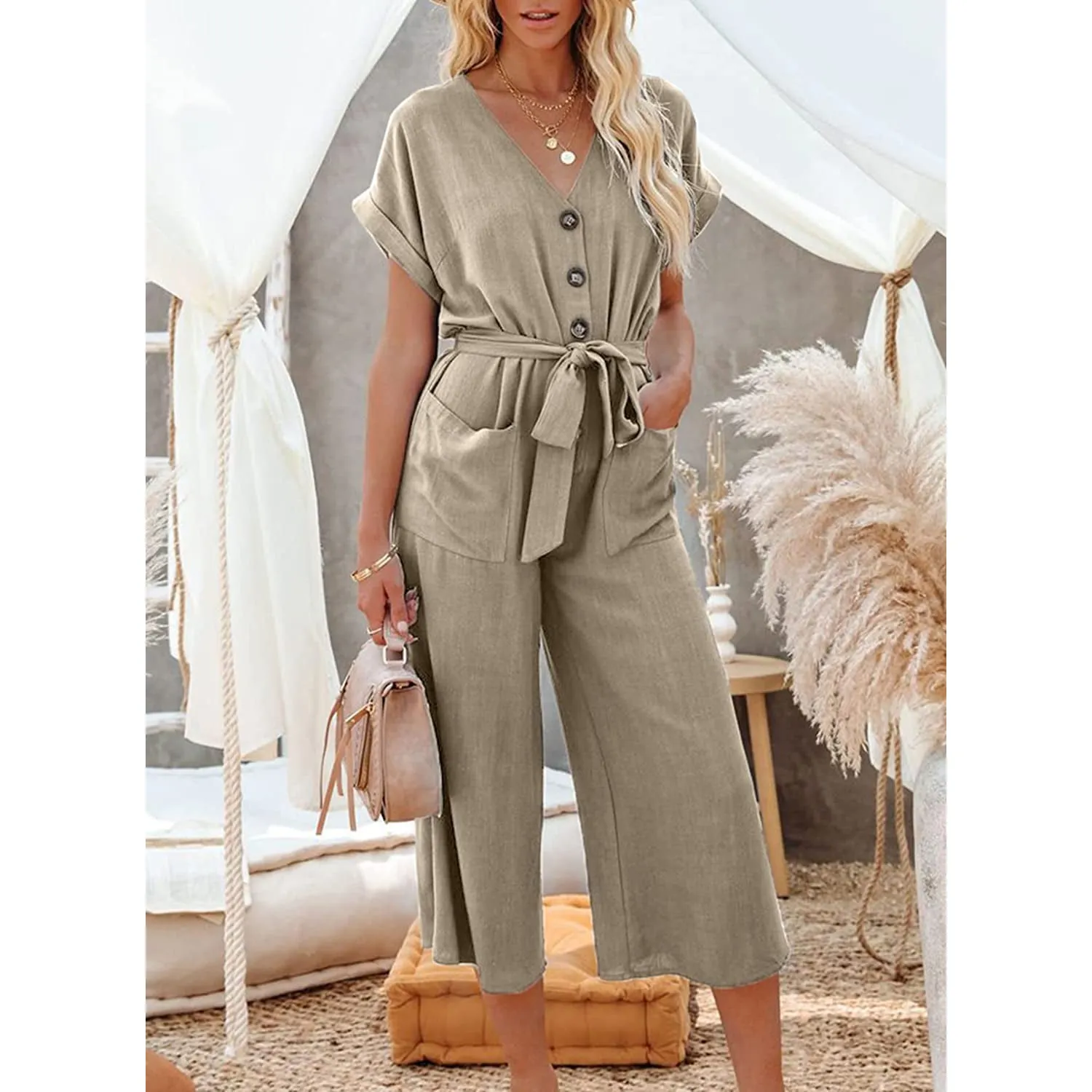 Women's Short Sleeve V Neck Button Belt Wide Leg Jumpsuit