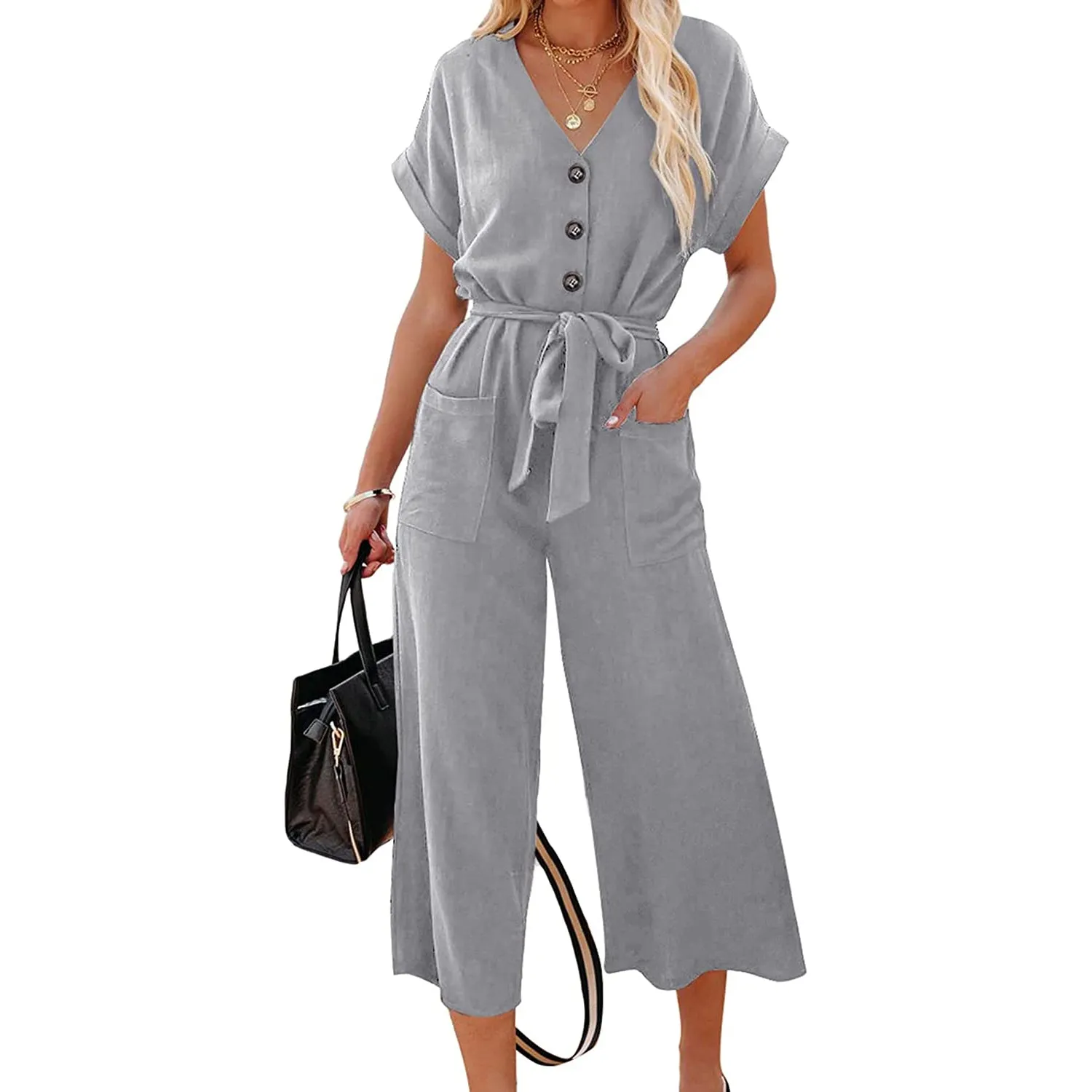 Women's Short Sleeve V Neck Button Belt Wide Leg Jumpsuit