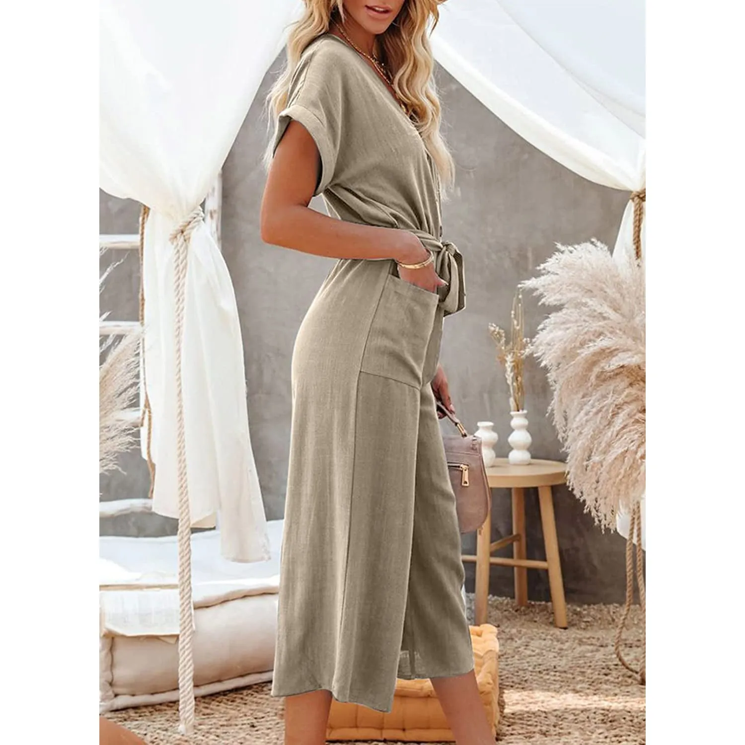 Women's Short Sleeve V Neck Button Belt Wide Leg Jumpsuit