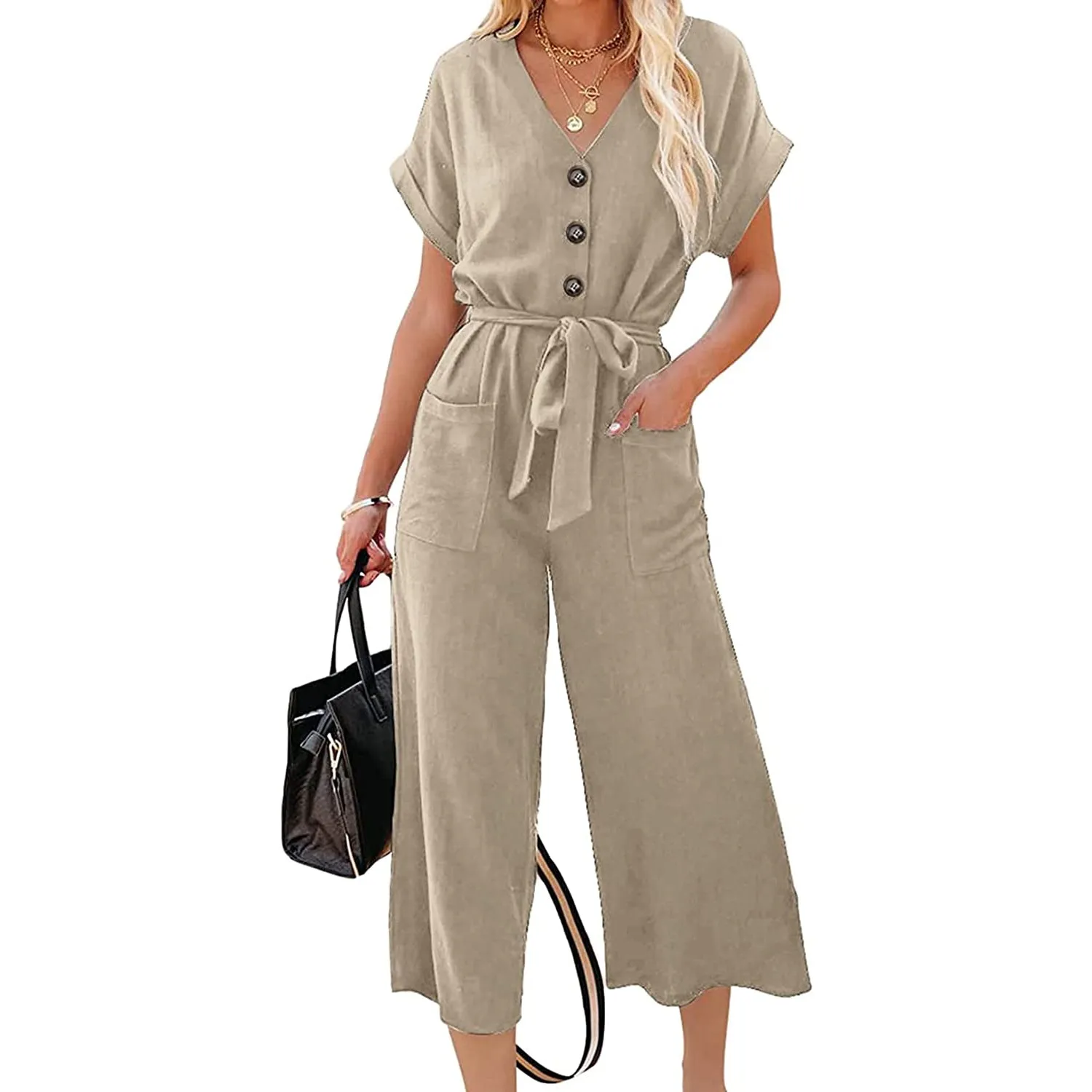 Women's Short Sleeve V Neck Button Belt Wide Leg Jumpsuit