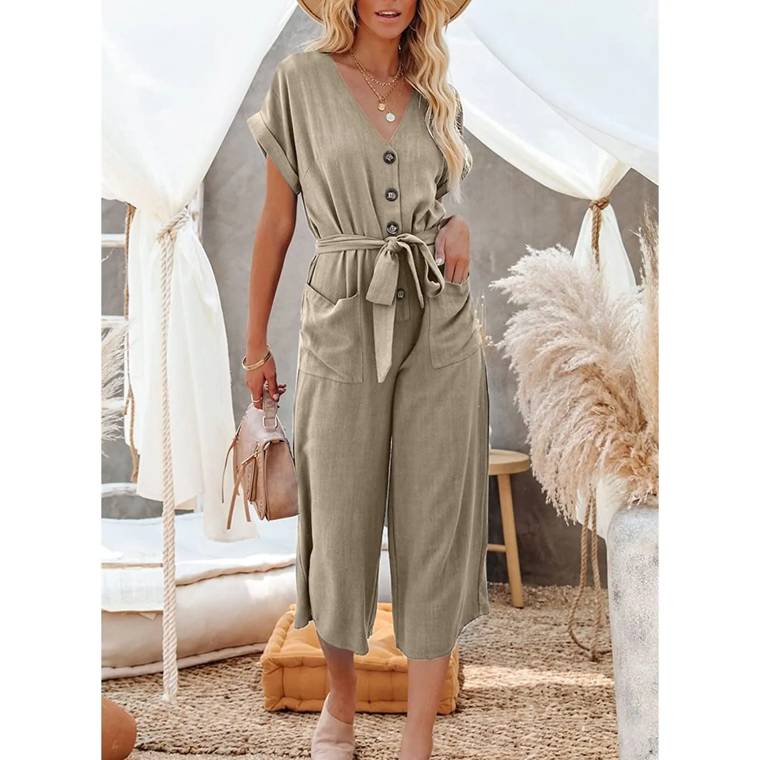 Women's Short Sleeve V Neck Button Belt Wide Leg Jumpsuit