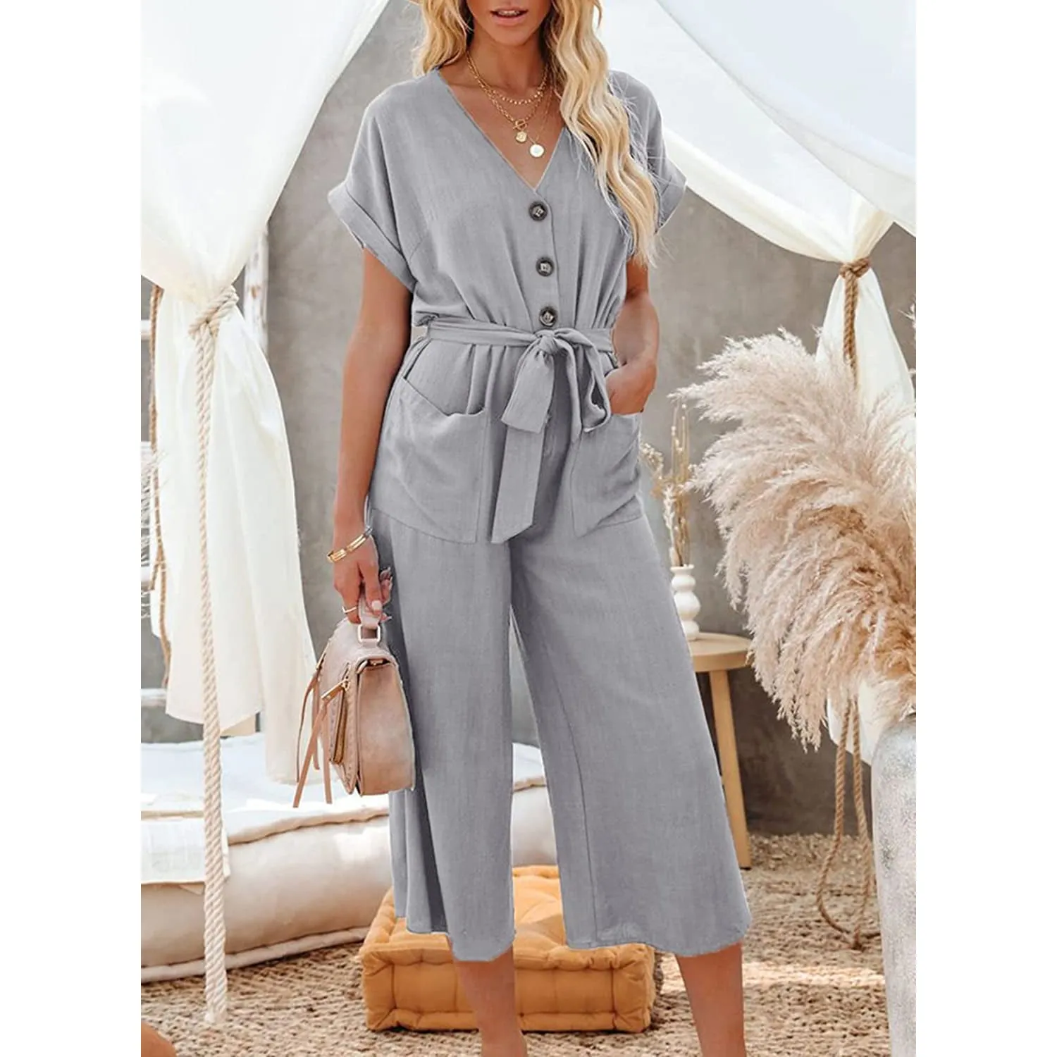 Women's Short Sleeve V Neck Button Belt Wide Leg Jumpsuit