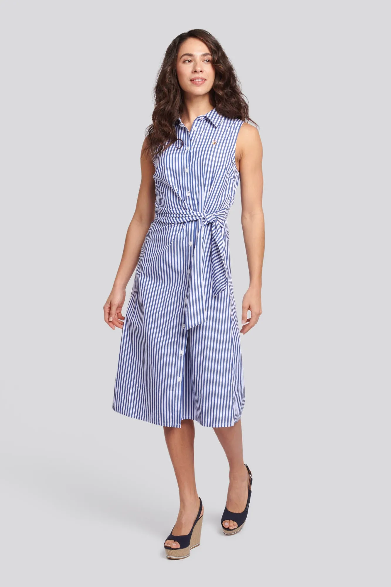 Womens Stripe Tie Waist Shirt Dress in Regatta Blue