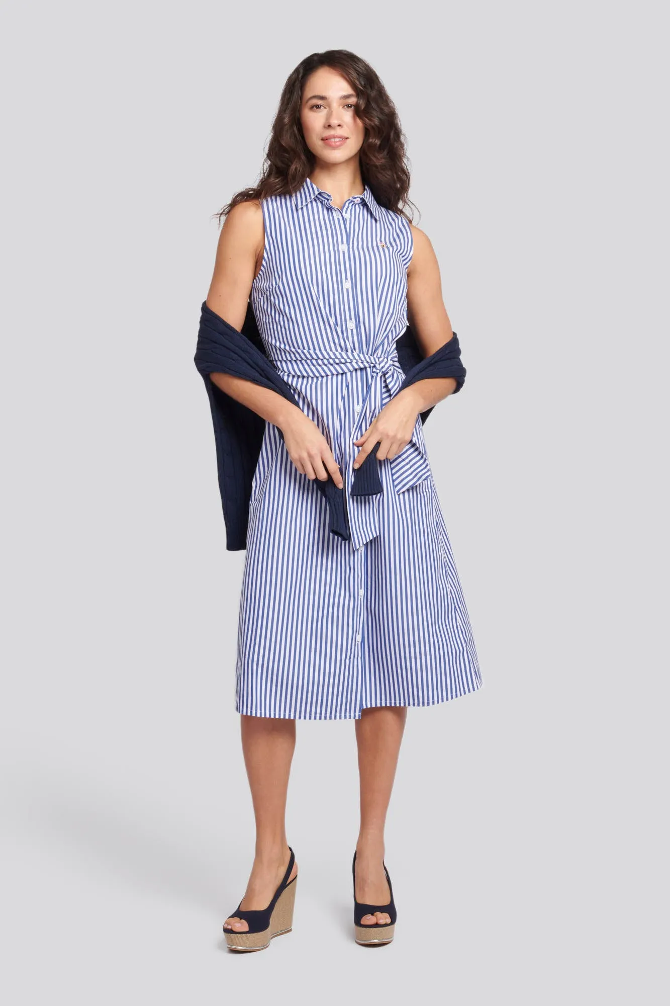 Womens Stripe Tie Waist Shirt Dress in Regatta Blue