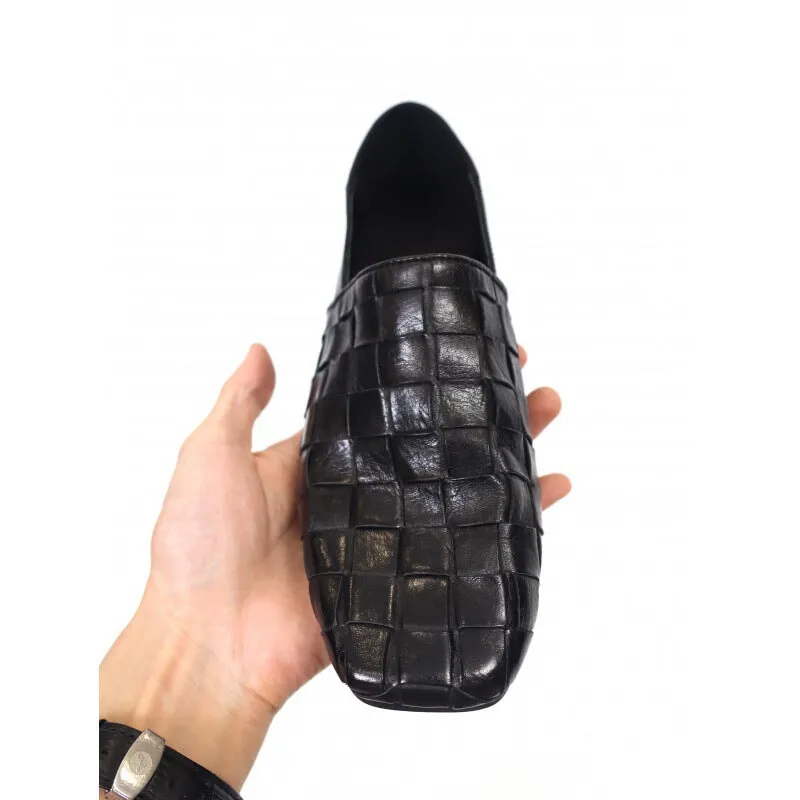 Woven Handmade Horse Leather Loafers For Women Square Toe Flats In Black