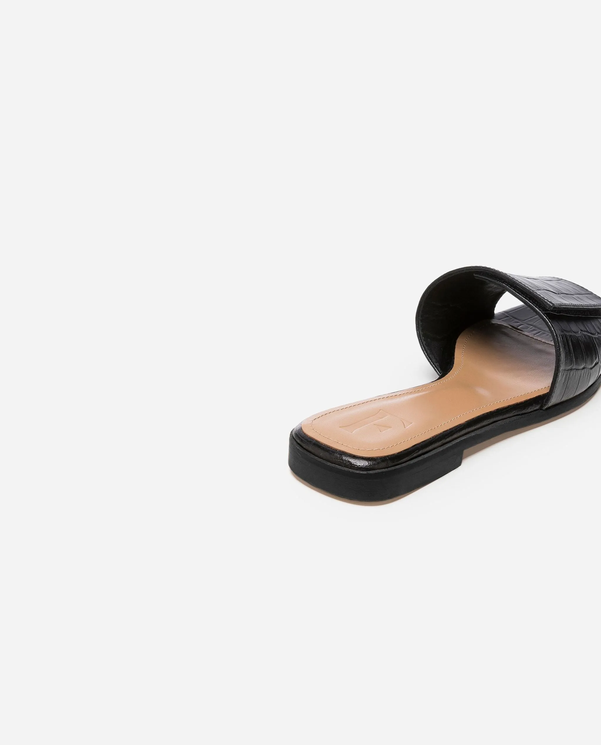 Yola Leather Croco Black Flat Sandals