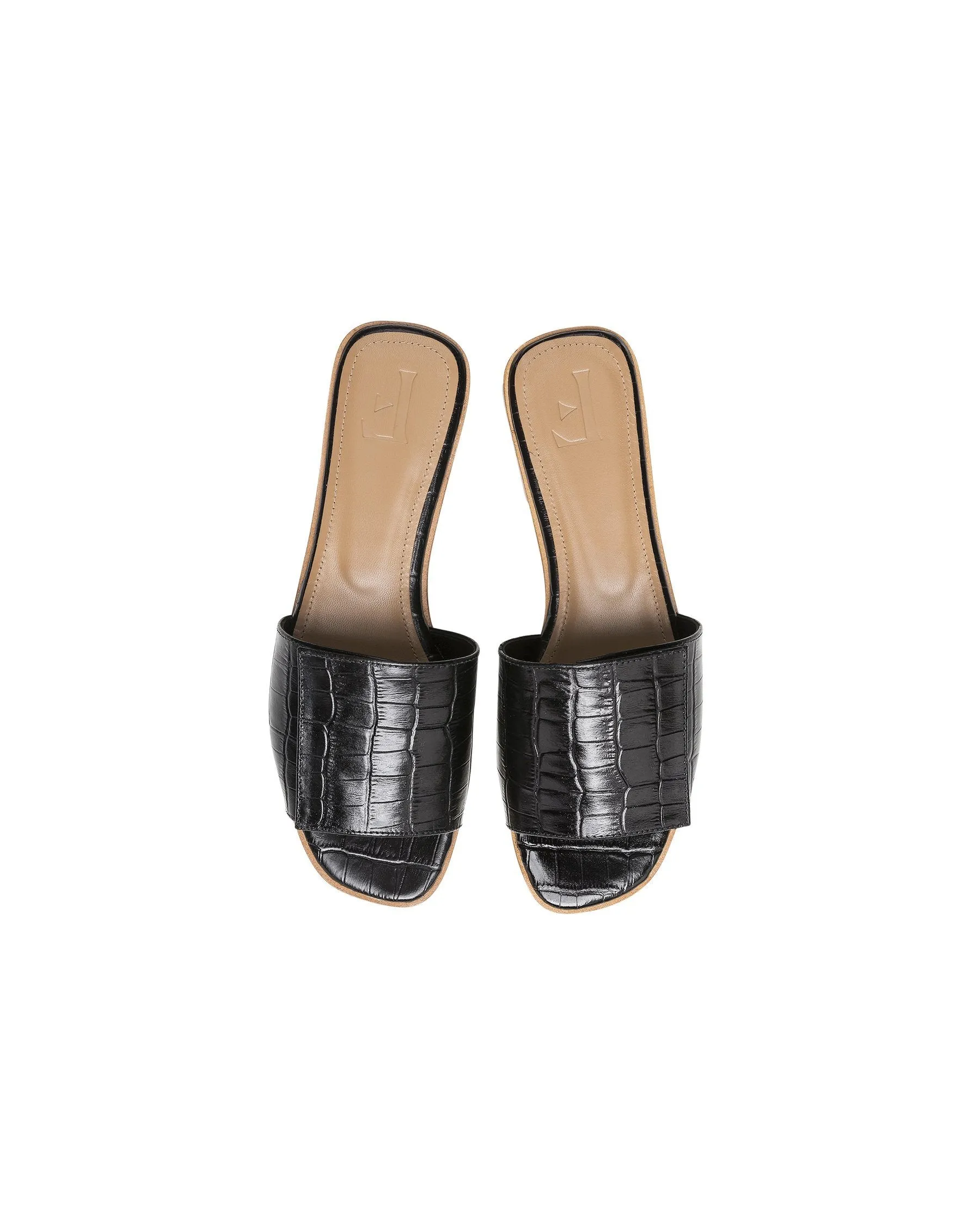 Yola Leather Croco Black Flat Sandals