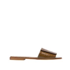 Yola Leather Croco Cognac Flat Sandals